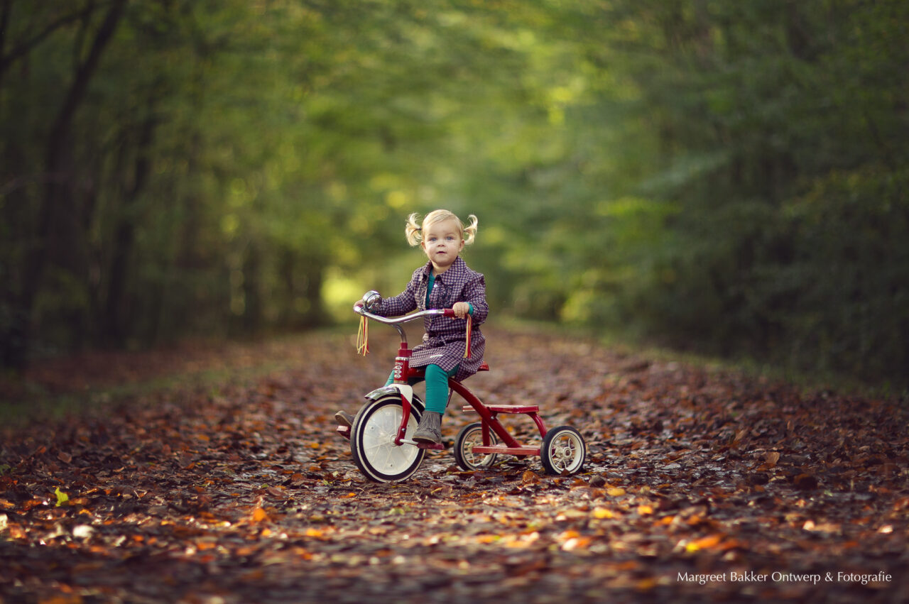 portret foto kind op rode radioflyer driewieler